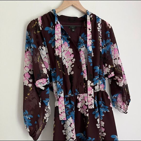 Ann Taylor Women’s Floral Tie Neck Shirt Dress Brown Pink Size‎ Small Petite - Picture 9 of 11